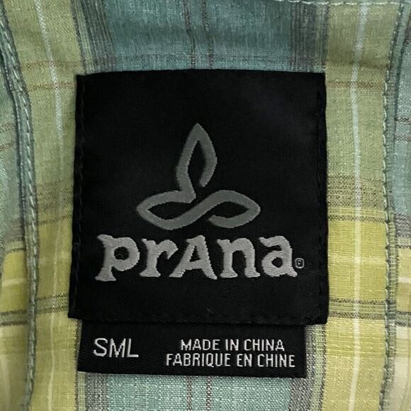 PRANA Shirt Mens Small S Green Yellow Plaid Button Up Long Sleeve Nylon Blend - Picture 8 of 9